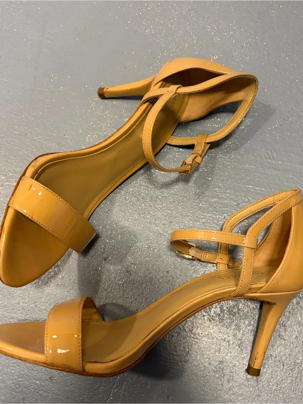 Michael Kors Patent Strappy High Heel Sandals in Tan